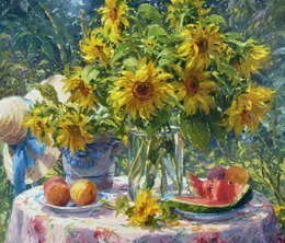 SUNFLOWERS AND WATERMELON (2009), PALETTE KNIFE OIL ON LINEN, 23.25X27.25”