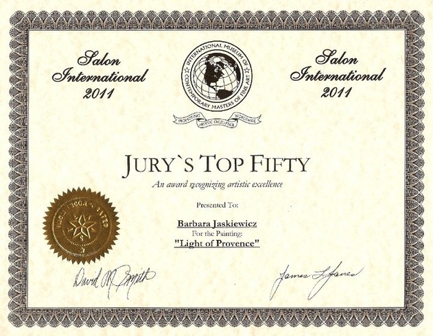  Wyróżnienie Jury’s Top Fifty. Salon International 2011. Museum of Contemporary Masters of Fine Art), San Antonio (TX), USA.  
