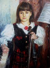 
OLA SOCEWICZ WITH VIOLIN (1999), PALETTE KNIFE OIL ON LINEN 28.8”X21.
		