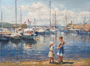 
MOORED BOATS AT ST TROPEZ (2009), PALETTE KNIFE OIL ON LINEN, 23.6”X31. 5”
		